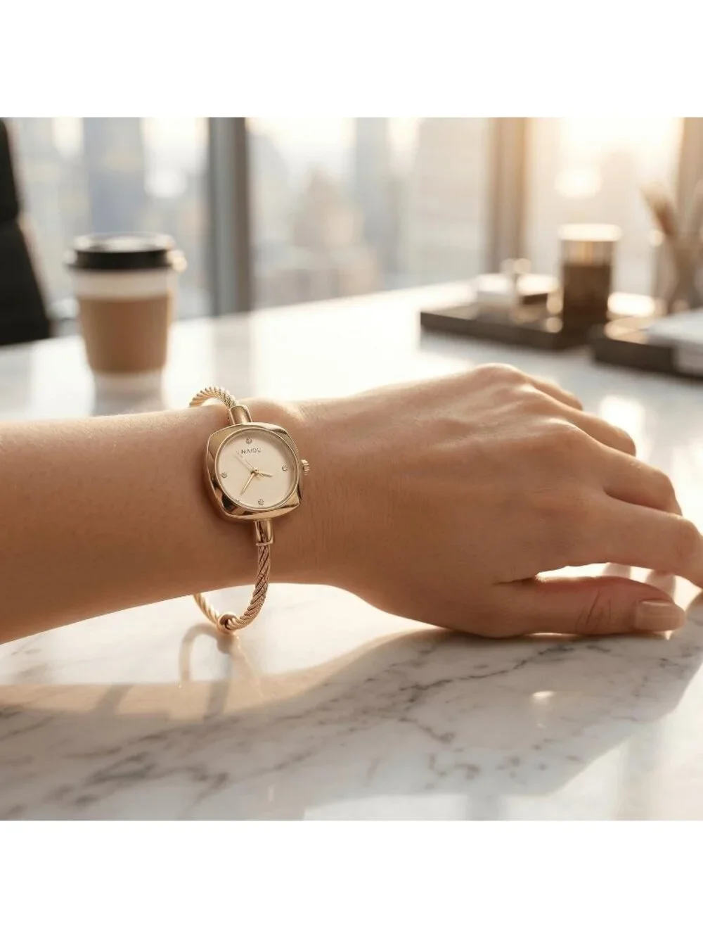 Women's Gold Crystal Accent Cable Wire Bangle Square Sunray Dial Wrist Watches